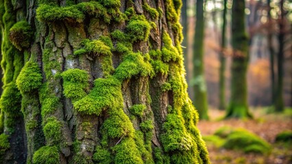 Moss-covered tree trunk with intricate patterns of moss growth, bark, tree, outdoor landscape