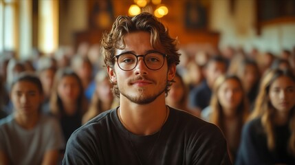 A man wearing glasses standing in front of a crowd of people