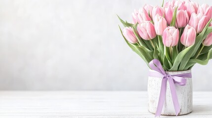 Obraz premium Soft pink tulips arranged in a white vase with a purple ribbon on a light background. Concept: Mother's Day gift and delicate spring beauty.
