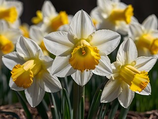 Obraz premium close up photo of white and yellow narcissus or daffodil flowers in a flower garden