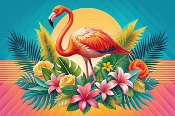 Celebrate summer with a stunning retro flamingo illustration adorned with lively tropical accents, radiating vibrant colors and a warm, inviting atmosphere for endless fun.