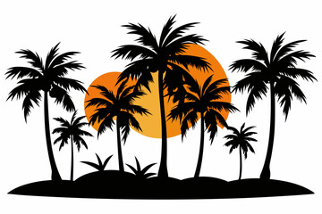 sunset with palm silhouettes white background