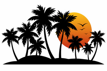 sunset with palm silhouettes white background