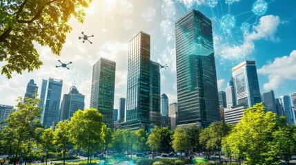 Obraz premium A futuristic smart city with towering skyscrapers made of glass and steel, autonomous electric cars, flying drones, and smart homes with integrated solar panels. 