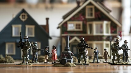 Obraz premium A set of toy soldiers and a dollhouse family in a standoff