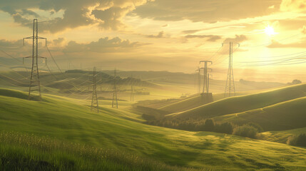 Obraz premium Power Lines Crossing a Green Field at Sunrise Depicting Rural Energy Infrastructure