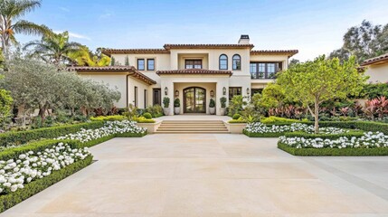 Elegant Mediterranean-style mansion surrounded by lush gardens and colorful landscaping, creating a luxurious and serene atmosphere.