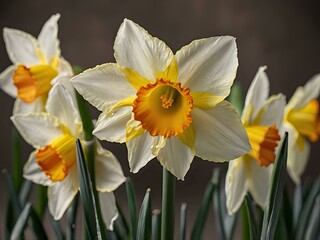 close up photo of white and yellow narcissus or daffodil flowers in a flower garden
