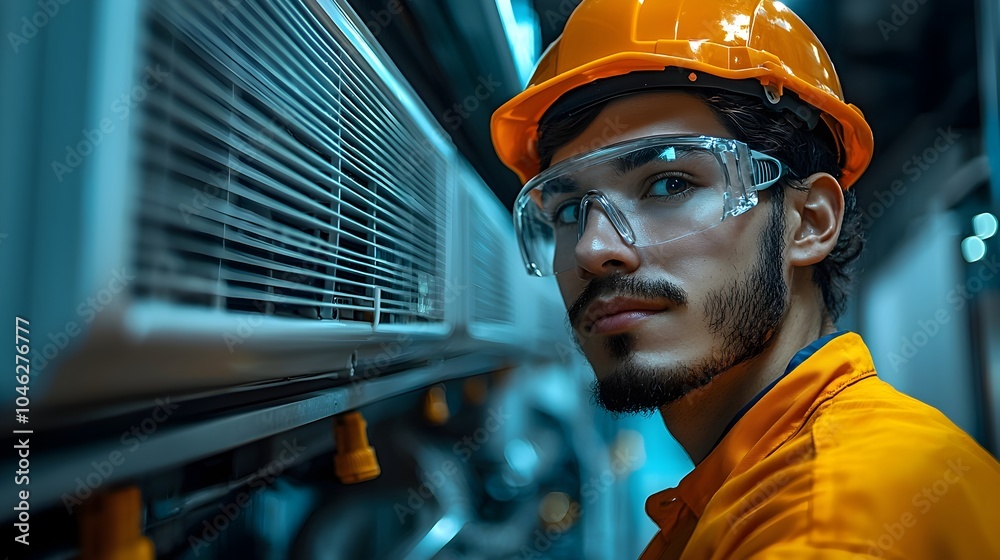 Poster engineer monitoring the production of iot enabled air conditioners in a modern high tech smart facto