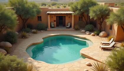 Fototapeta premium Luxury outdoor pool area with lounge chairs