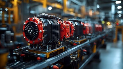 Obraz premium Close up view showcasing the assembly of air conditioning units on an advanced automated production line with smart manufacturing technology