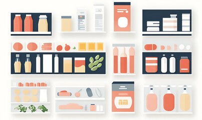 A minimalist illustration of organized grocery items on shelves.