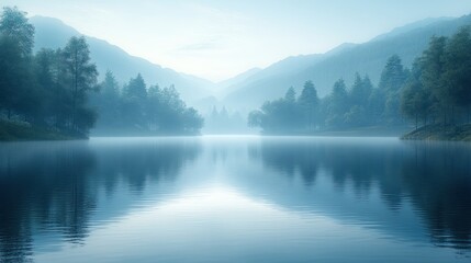 Fototapeta premium Serene lake surrounded by misty mountains and lush trees.