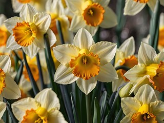 Fototapeta premium close up photo of white and yellow narcissus or daffodil flowers in a flower garden