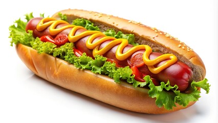 Delicious hot dog garnished with mustard and ketchup, perfectly showcased on a white background, perfect for culinary projects and food photography needs.