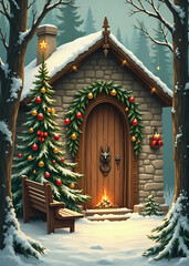 Christmas Door with Wreath and Lanterns in Snowy Yard