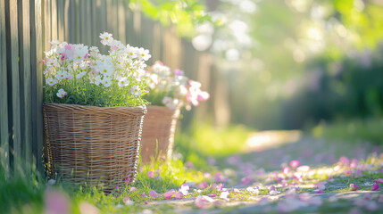 Soft morning light bathes a garden path with blooming white daisies in wicker baskets and scattered pink petals, evoking a serene and whimsical essence of girlhood and beauty lifestyle