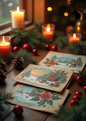 Christmas Cards and Ornaments by Candlelight on Table
