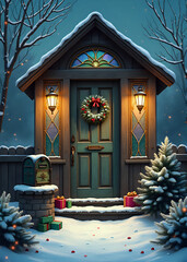 Christmas Door with Wreath and Snow-Covered Steps at Night