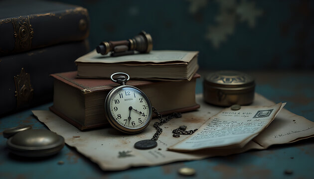  Vintage items on a wooden desk with a pocket watch