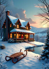 Cozy Cabin with Christmas Lights and Sled in Snowy Yard