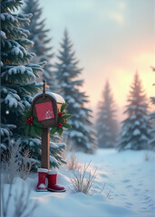Christmas Mailbox with Wreath in Snowy Forest at Sunset