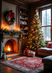 Cozy Living Room with Christmas Tree and Fireplace