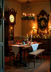 Christmas Dinner Table with Ornaments and Candles in Dining Room