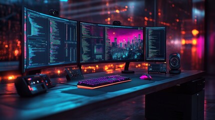 Obraz premium A high-tech gaming setup with multiple monitors and vibrant lighting.