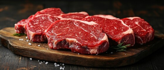 Obraz premium Raw ribeye beef steaks seasoned with salt and rosemary on a rustic wooden cutting board in a dark kitchen setting.