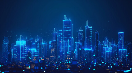 Obraz premium Futuristic Digital City Skyline with Glowing Blue Outlines Representing Smart City Technology