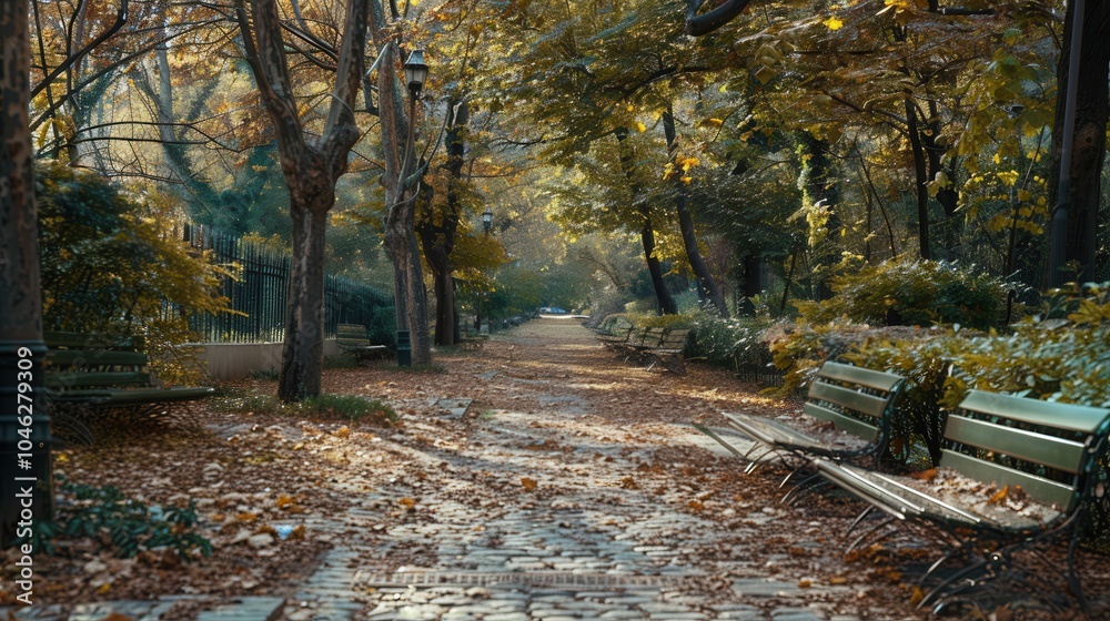 Poster strolling through a tranquil park, visitors enjoy pathways blanketed in colorful leaves, with benche