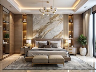 Exquisite large bedroom design showcases marble slabs, a stylish bed, and subtle beige hues, combining elegance and contemporary flair for modern interior inspiration.