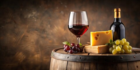 Red wine and assorted cheese on wooden barrel