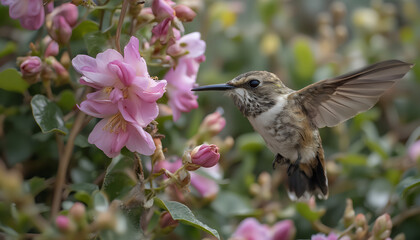 Hummingbird feeding on pink flowers in a garden