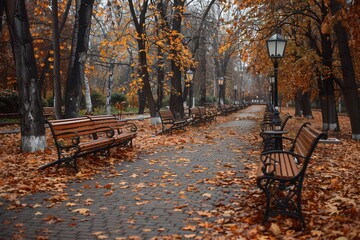 Naklejka premium A pathway in an urban park is blanketed with fallen leaves, featuring benches inviting visitors to relax amidst the autumn scenery. Generative AI