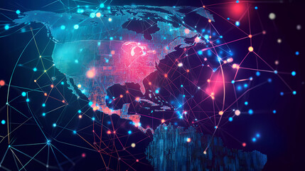 Fototapeta premium Digital map of USA, concept of North America global network and connectivity, data transfer and cyber technology, information exchange and telecommunication Generative AI
