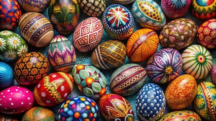 Obraz premium Assortment of vibrant decorative eggs in unique patterns and colors, Easter, Spring, Decor, Ornament, Festive