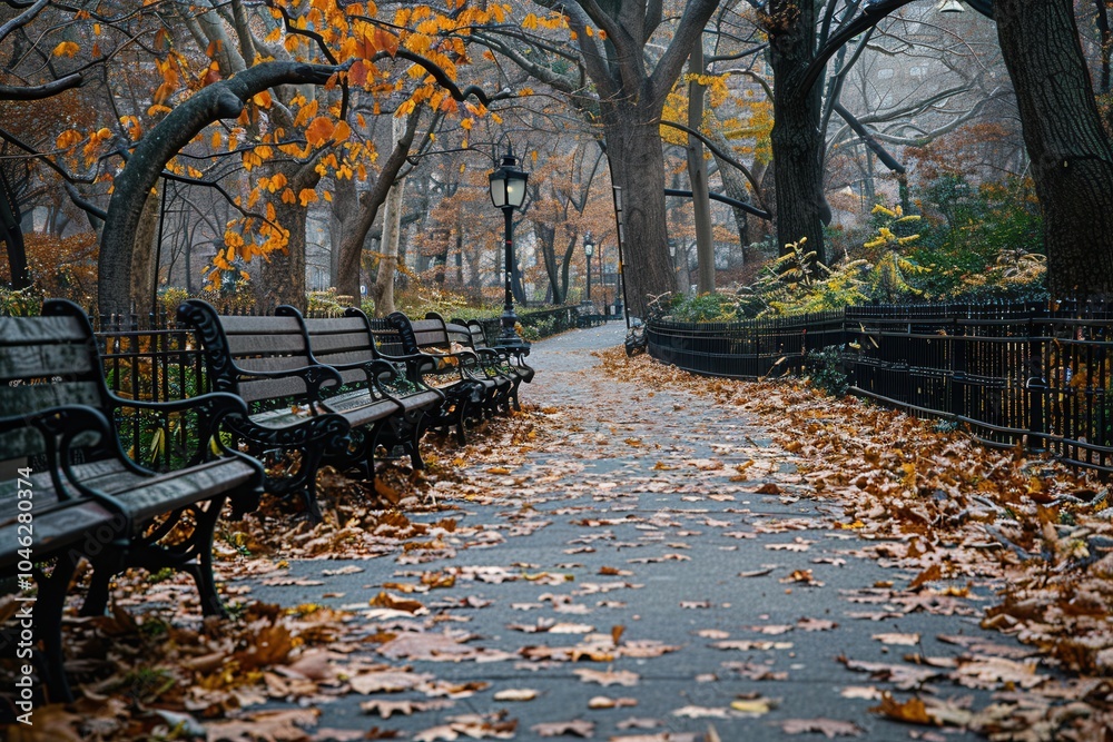 Poster the park's pathways are lined with fallen leaves, inviting visitors to enjoy the tranquil atmosphere