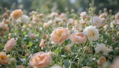 Beautiful garden filled with blooming pink and orange flowers