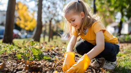 American child volunteering: A child participating in a community service project, such as a park clean-up or helping at a food bank, showcasing the value of giving back to the community.