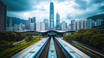 Fototapeta premium modern train station surrounded by towering skyscrapers, showcasing urban architecture and vibrant city life. scene captures essence of bustling metropolis