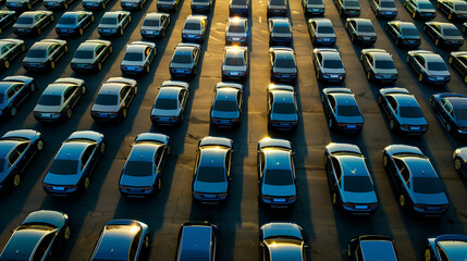 Obraz premium Symmetrical rows of parked cars in a large lot during sunset