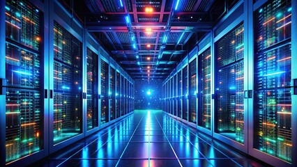 Obraz premium In a dimly lit data center, radiant servers pulse with life, surrounded by glowing circuit board designs, embodying the essence of virtual technology and digital flows.