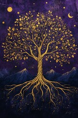 Majestic golden tree against a mystical purple sky with celestial elements and mountainous background highlighting nature's beauty and harmony