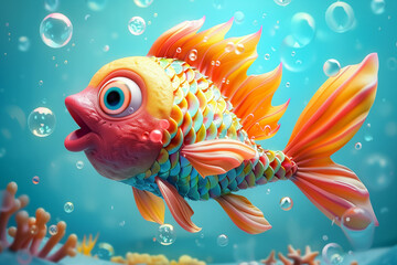 Fototapeta premium A vibrant and colorful cartoon fish illustration with playful expressions, big eyes, glowing fins, and bubbles floating in a whimsical underwater scene