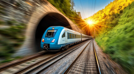 Naklejka premium modern train emerging from tunnel in lush green landscape, illuminated by warm glow of setting sun, creating dynamic and vibrant scene
