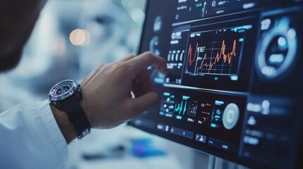 Fototapeta premium Medical wearables monitoring health data, providing instant feedback on a digital display in a healthcare setting