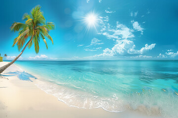 Fototapeta premium A panoramic view of a pristine tropical beach featuring a lone palm tree, crystal-clear turquoise waters, white sandy shore, and a bright blue sky with the sun shining