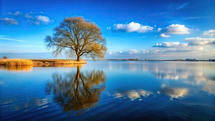 Fototapeta premium Scenic view of lake with blue sky and tree on the horizon